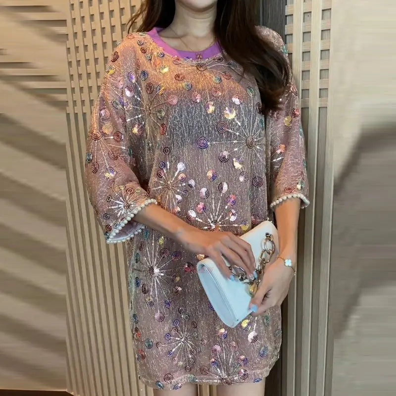 European Summer Loose Sequin Short Sleeve T-Shirt