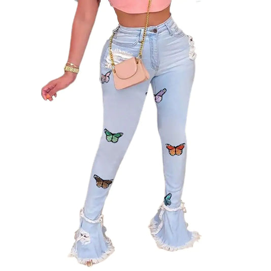 Embroidered Butterfly Ruffled Denim Trousers